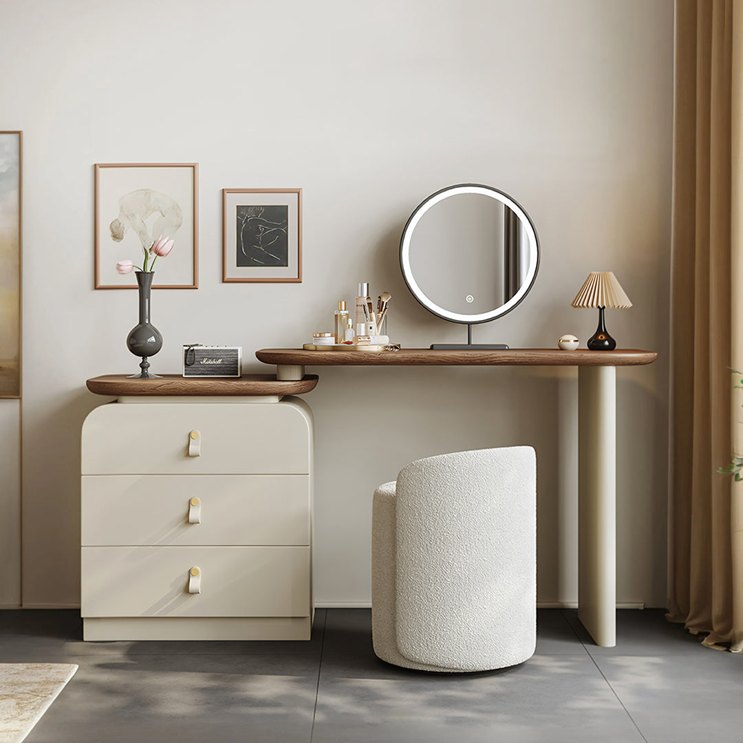 Stewart Dressing Table With Chest Of Drawers & Round Mirror, Solid Wood-Rit Concept-Rit Concept