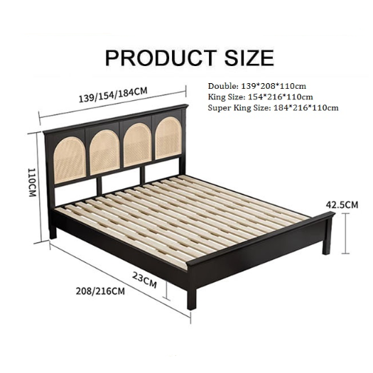 Rosemary Double Bed / King Size / Super King Size, Black Wood With Rattan