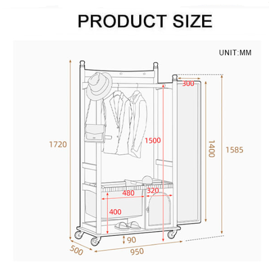 Grace Wardrobe, Cloth Rack, With Mirror