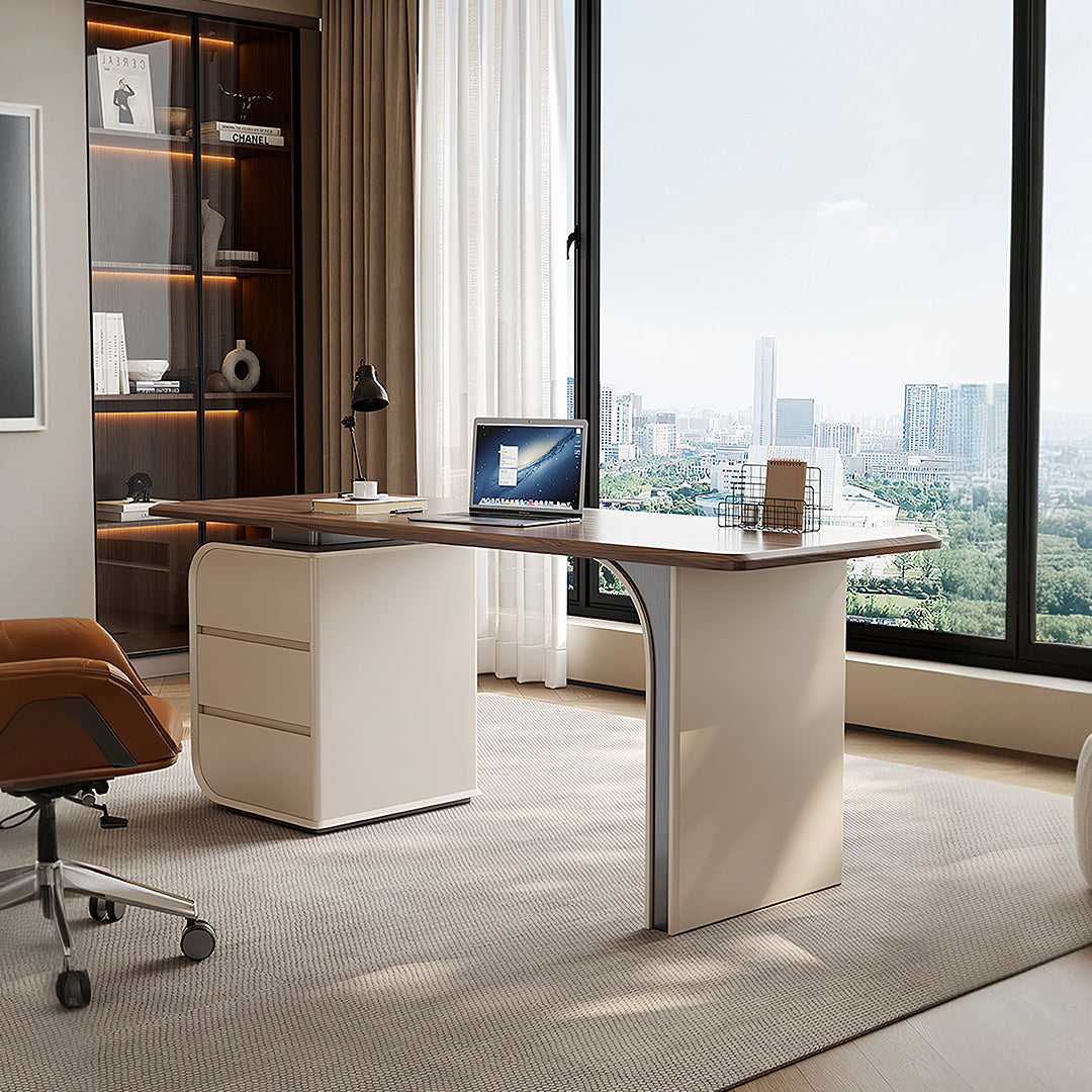 Ahn Office Desk With Storage, Walnut & Cream