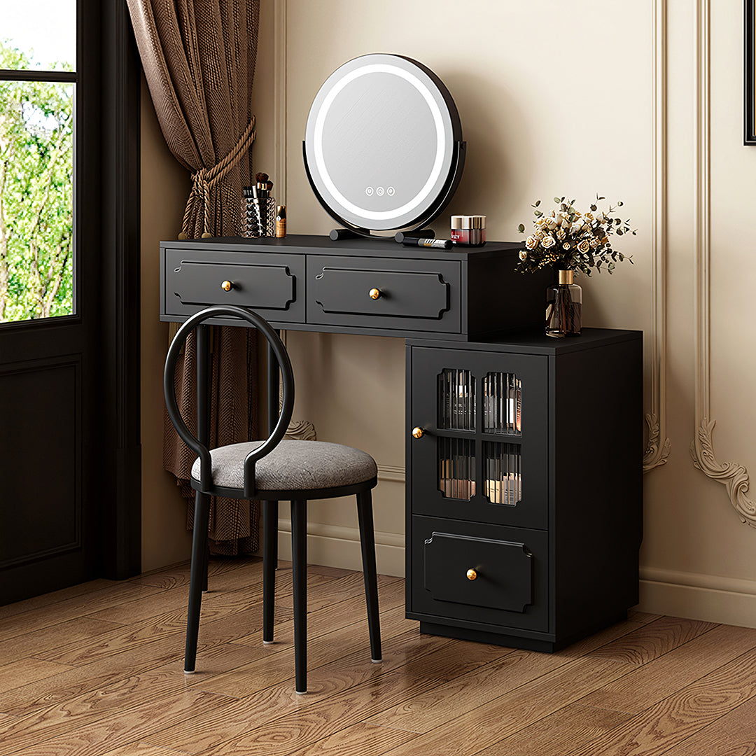 Nguyen Dressing Table With Side Cabinet & LED Mirror, Black