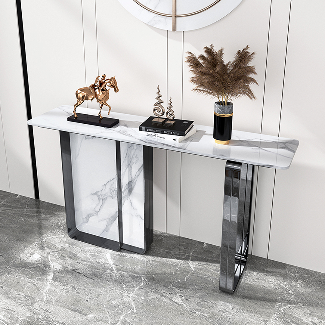 Aeta Console Table, Stone Top With Black Frame