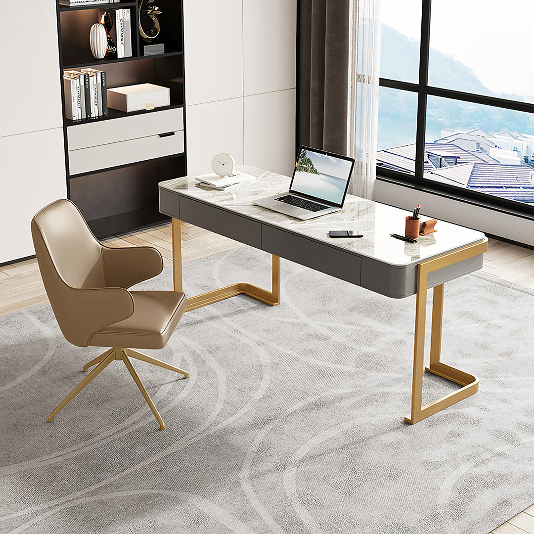 Leila Home Office Desk With Drawers, Grey & Gold-Rit Concept-Rit Concept