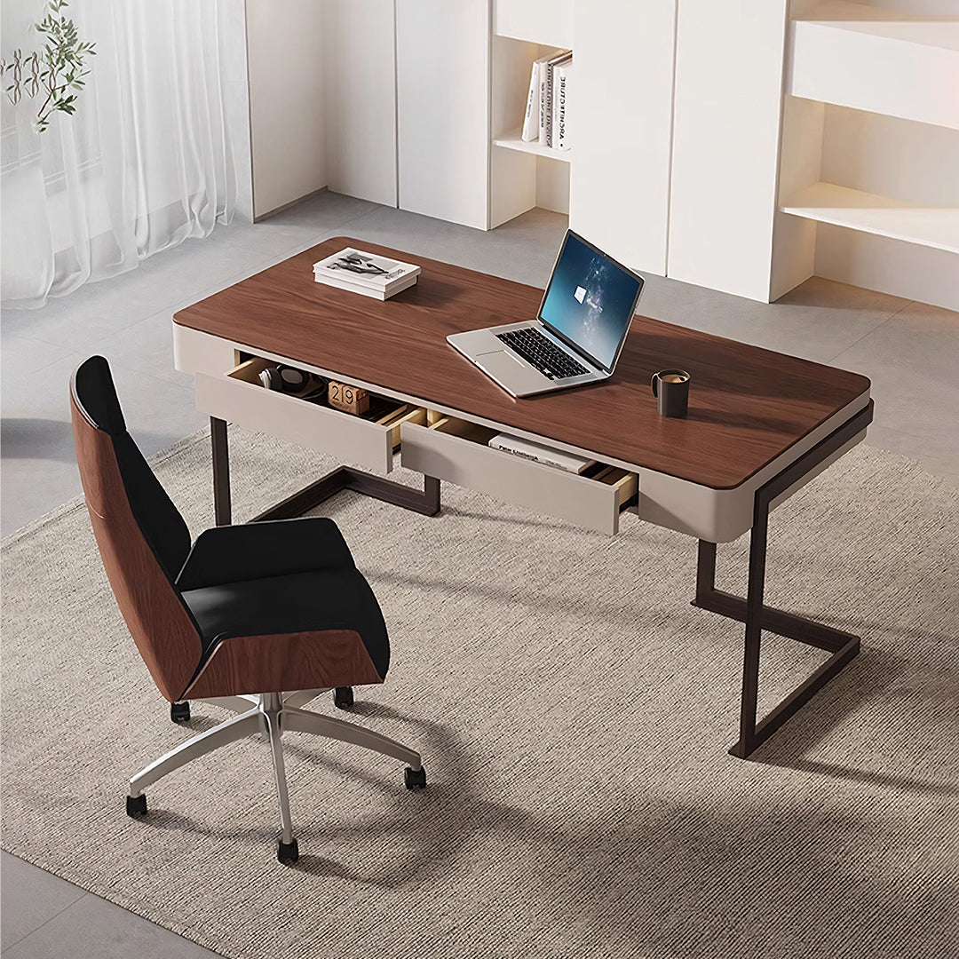 Amir Office Desk With Storage Drawers, Cream & Walnut-Rit Concept-Rit Concept