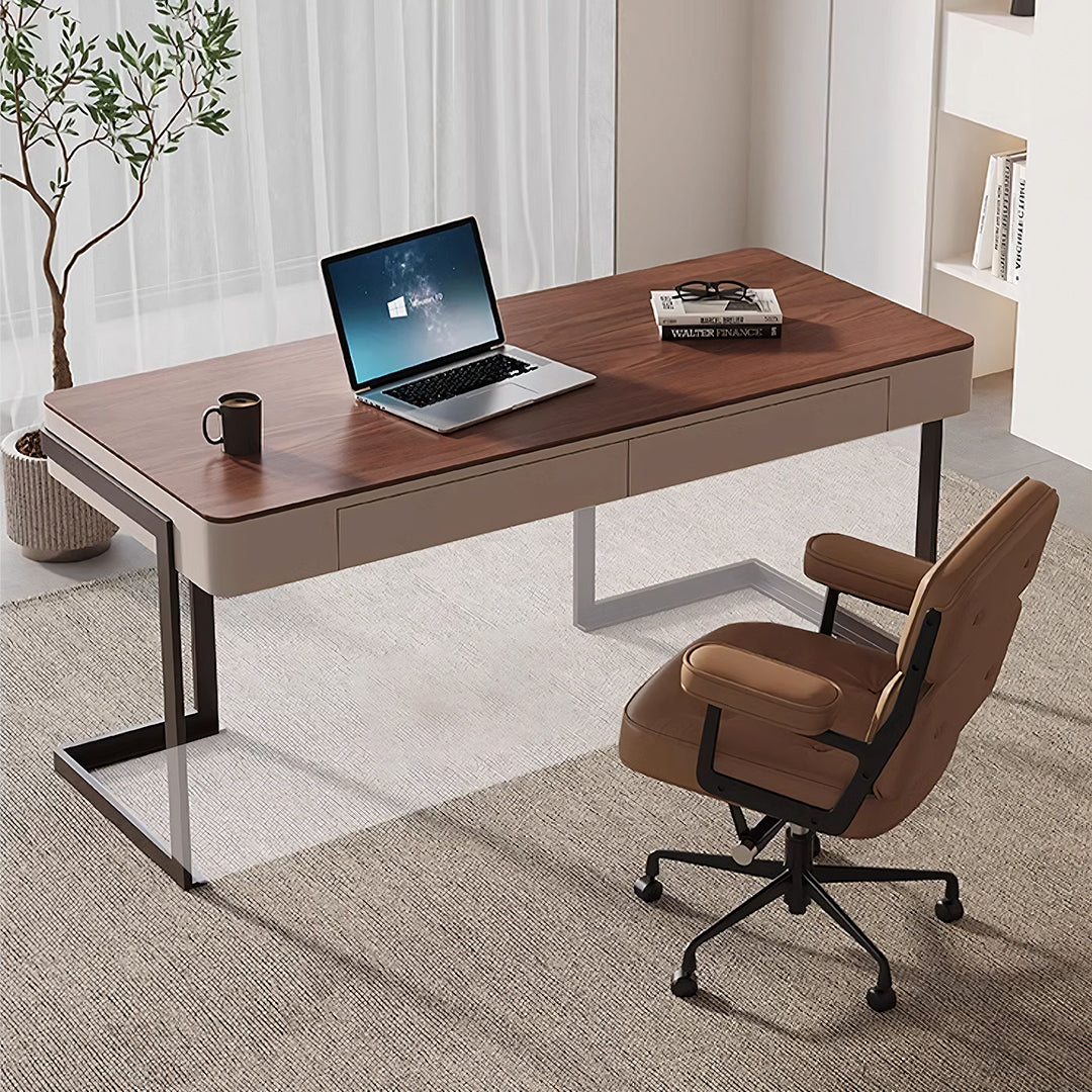 Amir Office Desk With Storage Drawers, Cream & Walnut-Rit Concept-Rit Concept