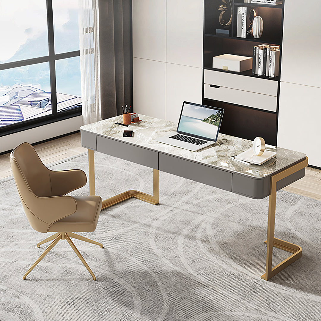 Leila Home Office Desk With Drawers, Grey & Gold-Rit Concept-Rit Concept