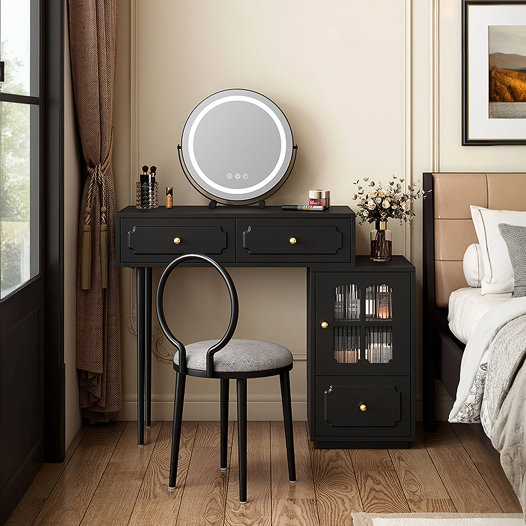 Nguyen Dressing Table With Side Cabinet & LED Mirror, Black