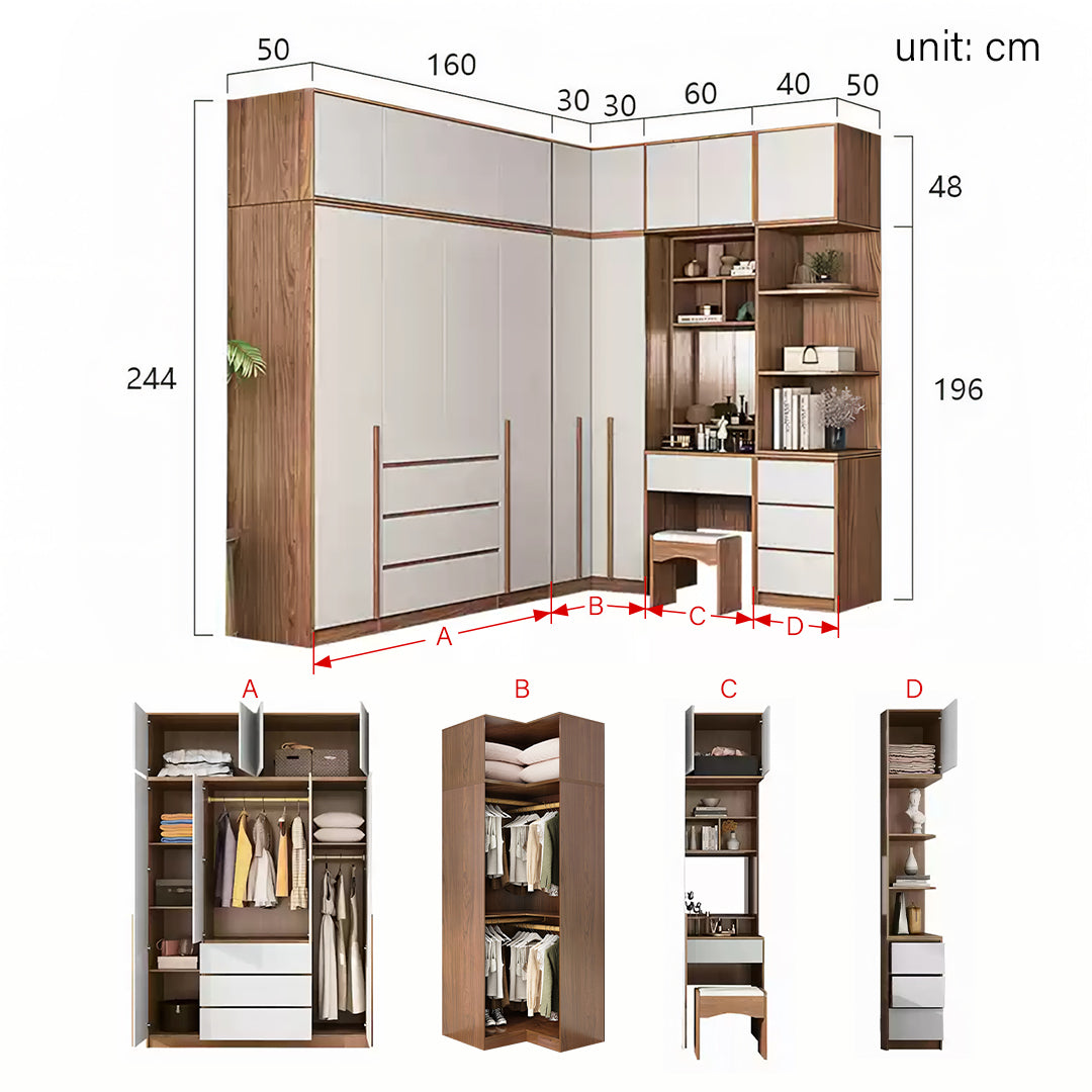 Bianchi Corner Wardrobe, L Shape Wardrobe With Dressing Table-Rit Concept-190cm + 130cm-Rit Concept