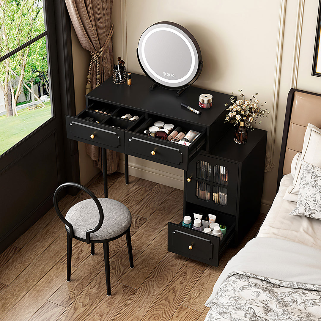 Nguyen Dressing Table With Side Cabinet & LED Mirror, Black-Rit Concept-80cm-With Chair-Rit Concept