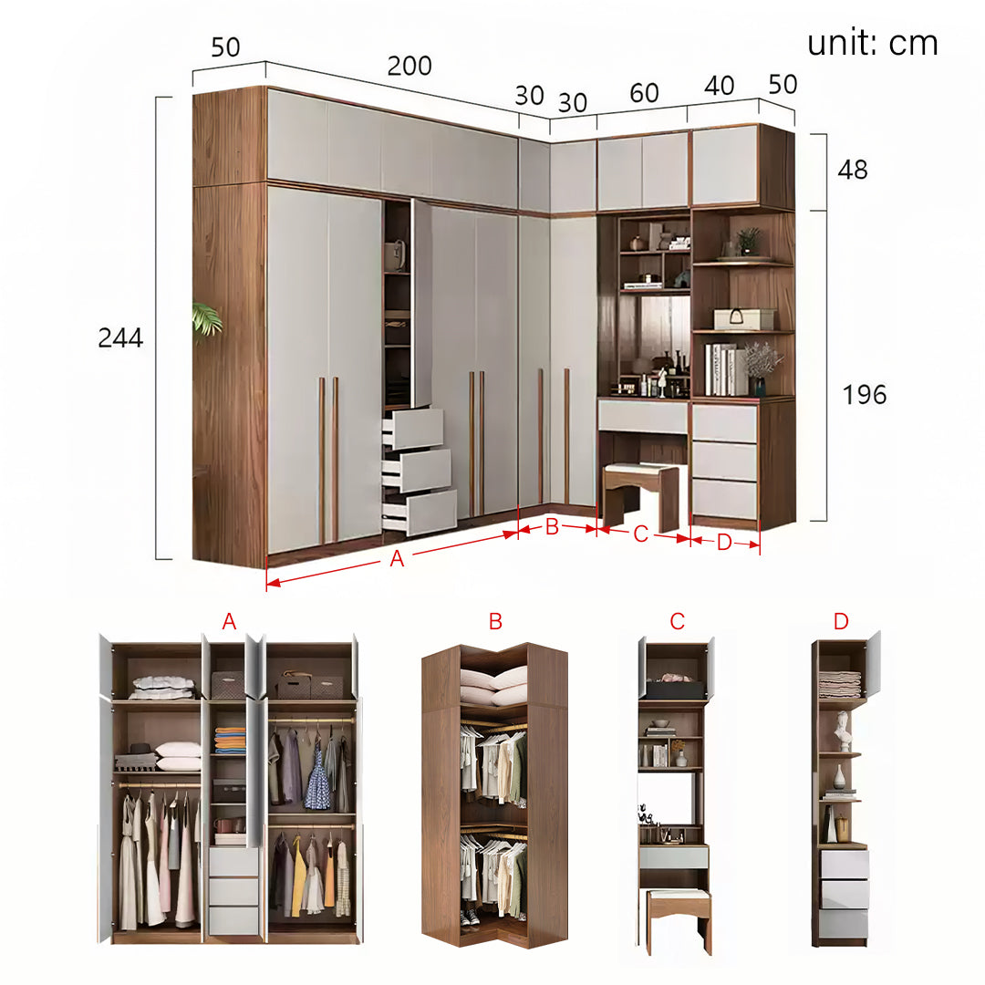 Bianchi Corner Wardrobe, L Shape Wardrobe With Dressing Table-Rit Concept-230cm + 130cm-Rit Concept