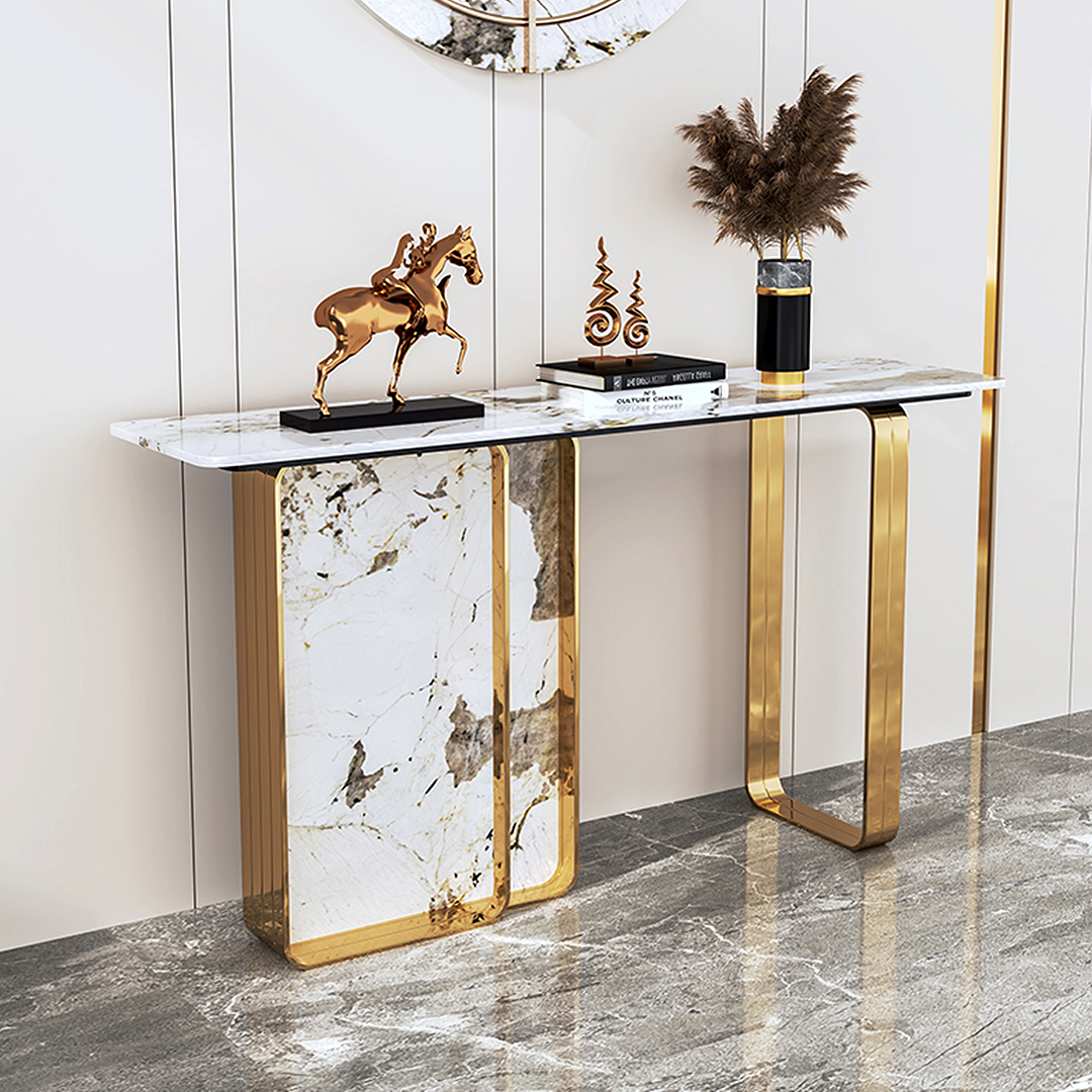 Aeta Console Table, Stone Top With Black Frame