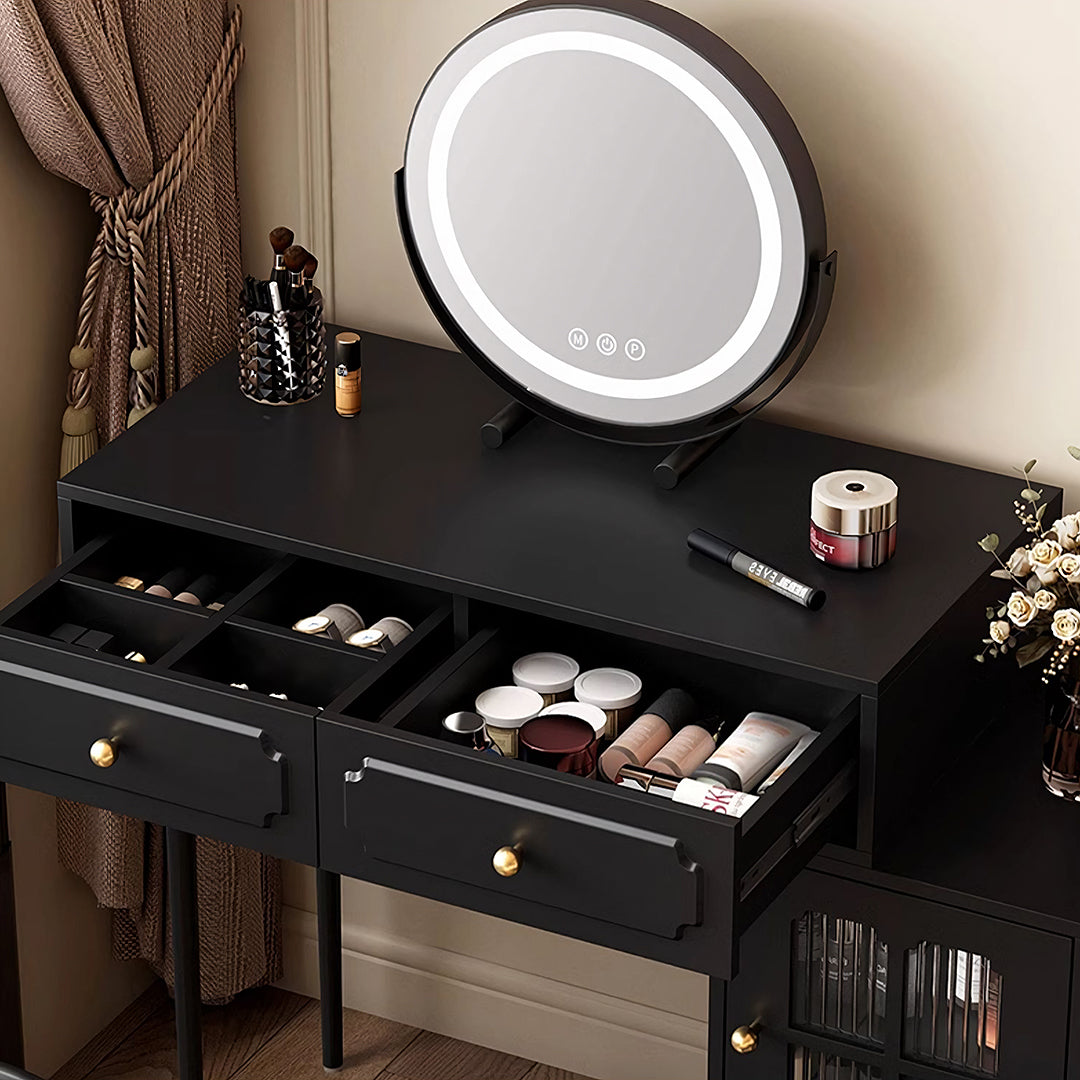 Nguyen Dressing Table With Side Cabinet & LED Mirror, Black