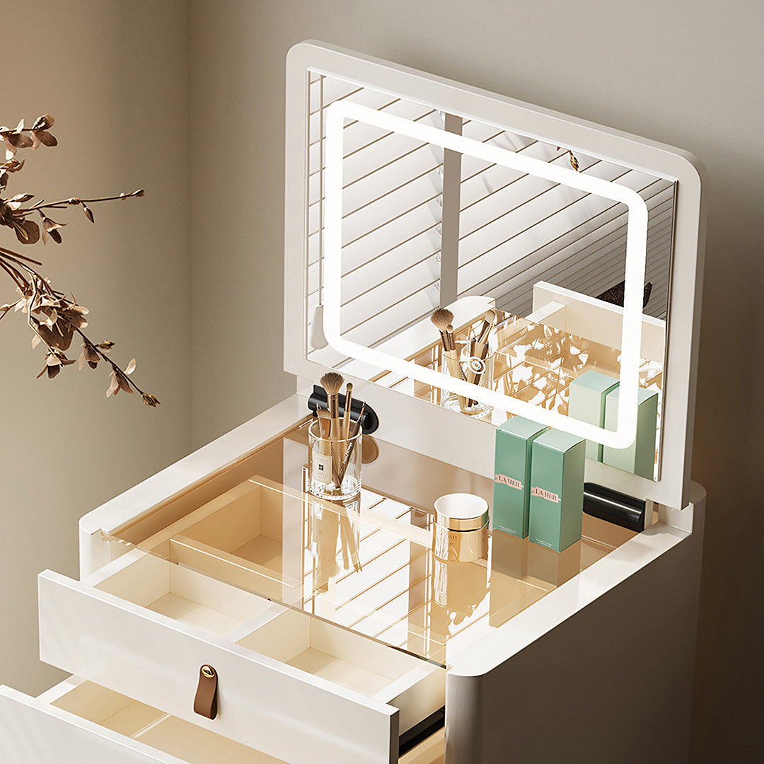 Flores Small Dressing Table With LED Mirror & Chair, Off White-Rit Concept-Rit Concept