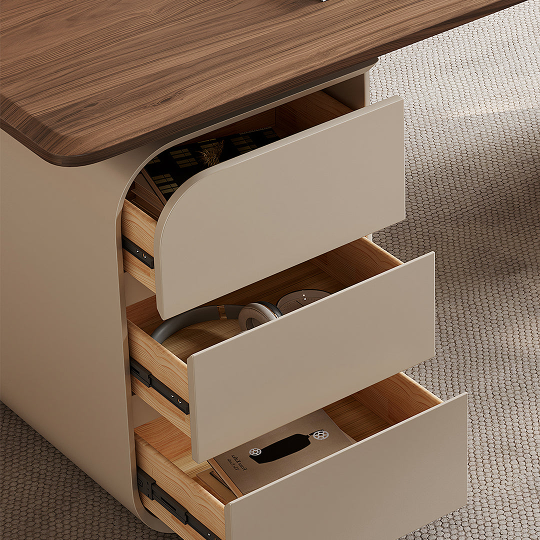 Ahn Office Desk With Storage, Walnut & Cream