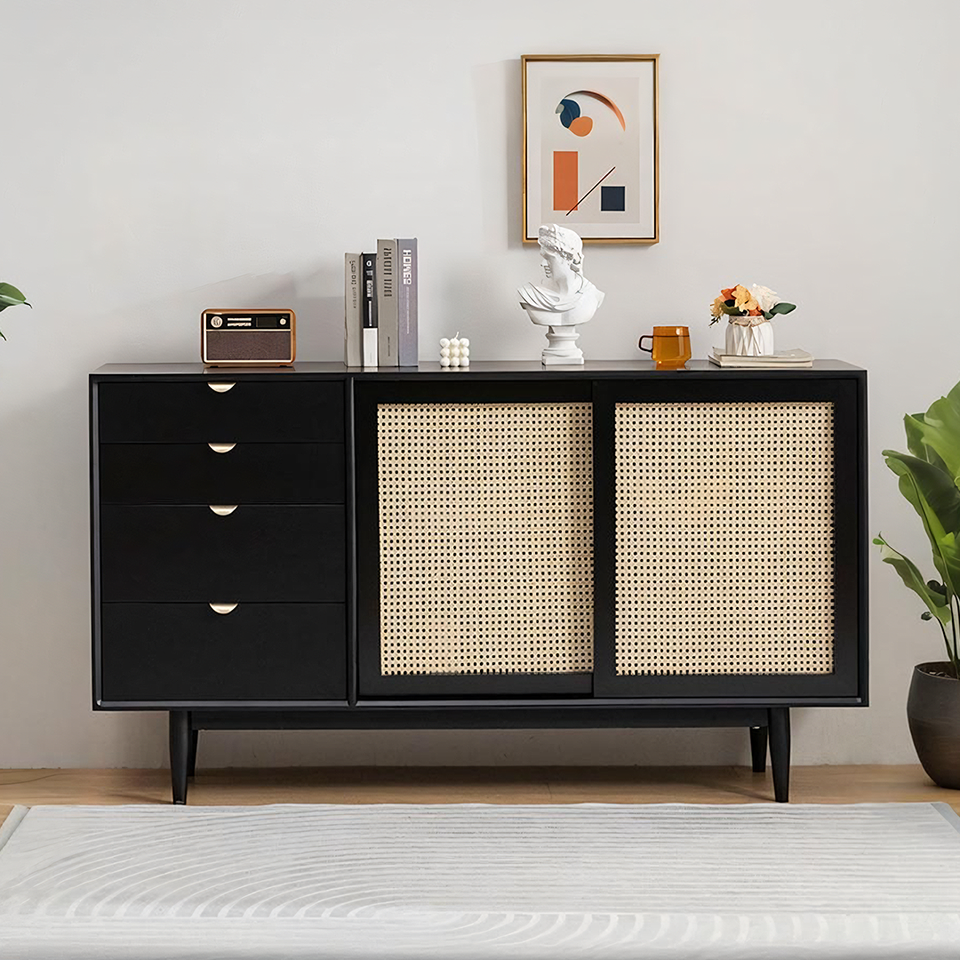 Allson Rattan Sideboard with 4 Drawers, Pine Wood