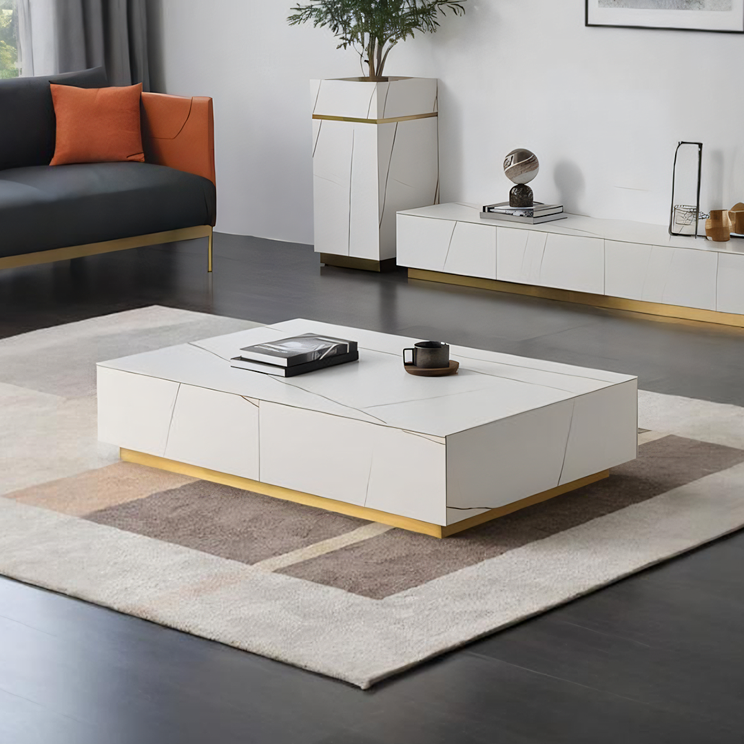 Demelza TV Stand Set With Coffee Table, Gold Base, Sintered Stone