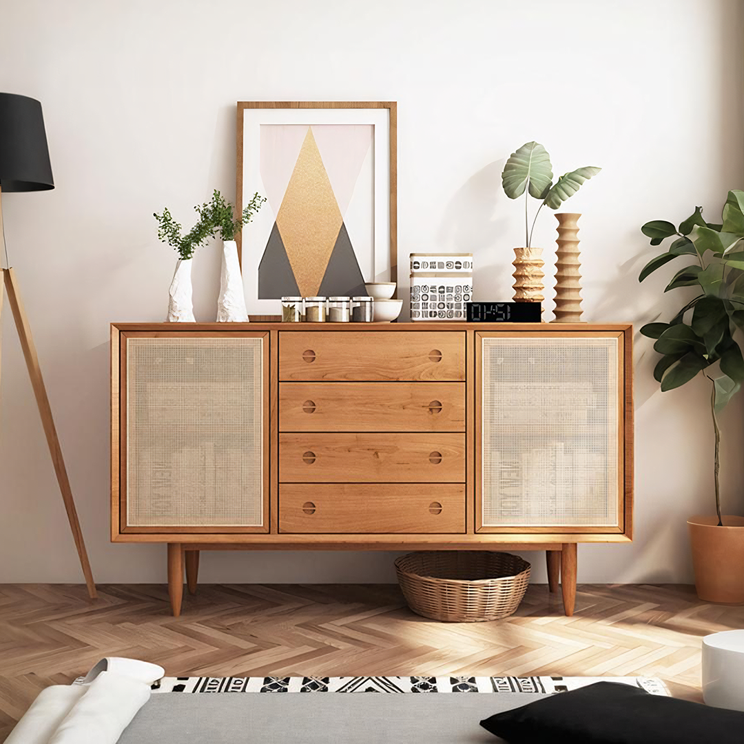 Evadne Rattan Sideboard with 2 Doors and 4 Drawers, Pine Wood