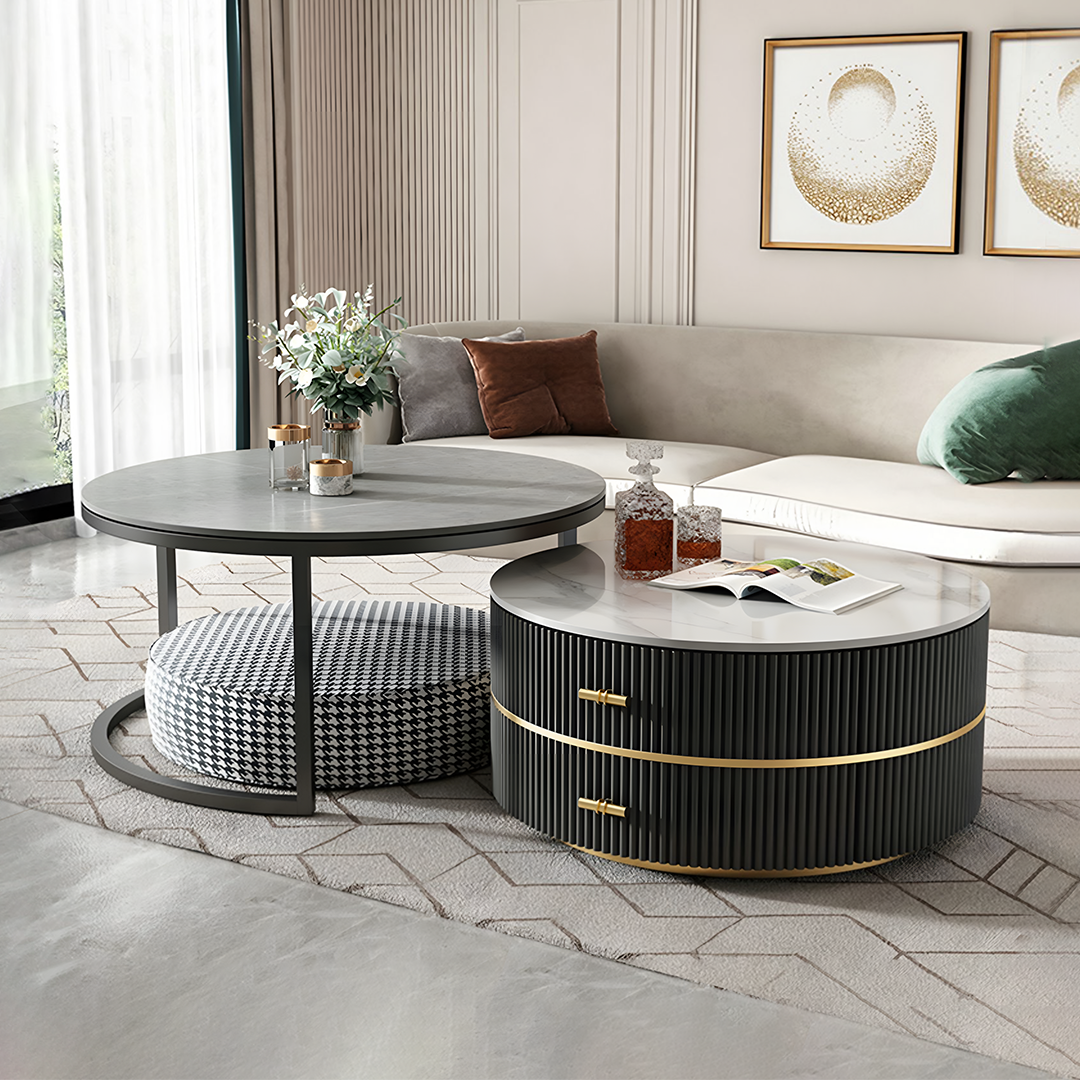 Neddy Nesting Coffee Table With Drawers, Sintered Stone