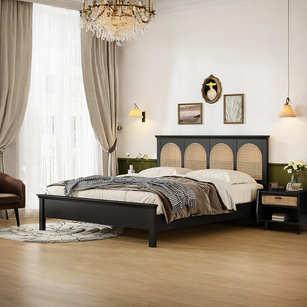 Rosemary Double Bed / King Size / Super King Size, Black Wood With Rattan