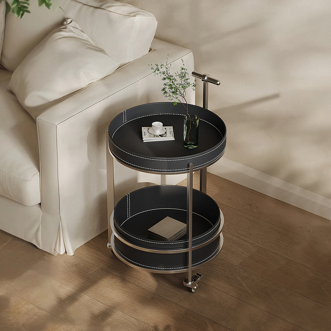 Willis Round Side Table, Movable Trolly, Black