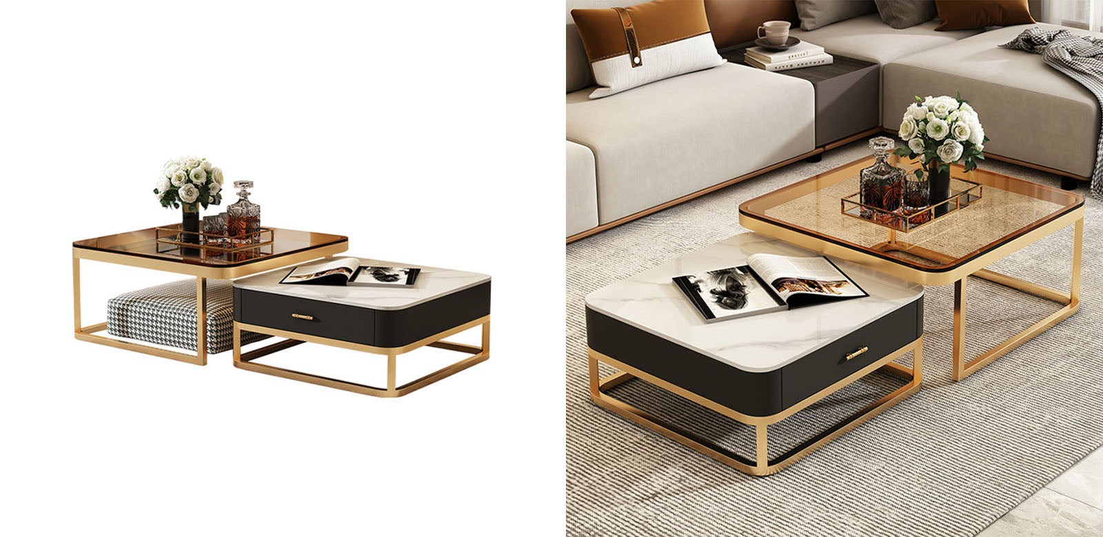 Horace Square Coffee Table, Tan & White-Ritconcept-Rit Concept