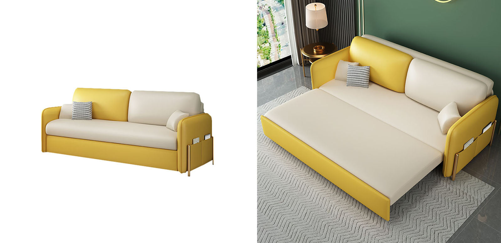 Burke Two Seater Sofa Bed, Yellow and White｜Rit Concept